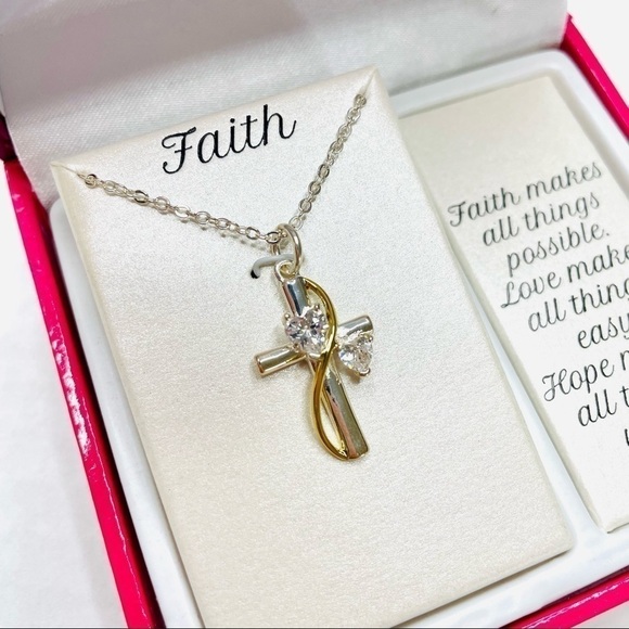 𝅺silver Expressions by LA Rocks Cross & CZ Hearts Necklace with Gold Accents - Picture 2 of 7